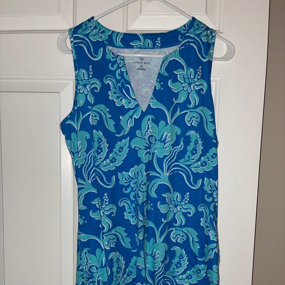 Lands End Blue Floral Sleeveless Dress Sz XS